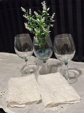 Vintage White Embroidered  Table Linen with Three Long Stemmed Wine Glasses